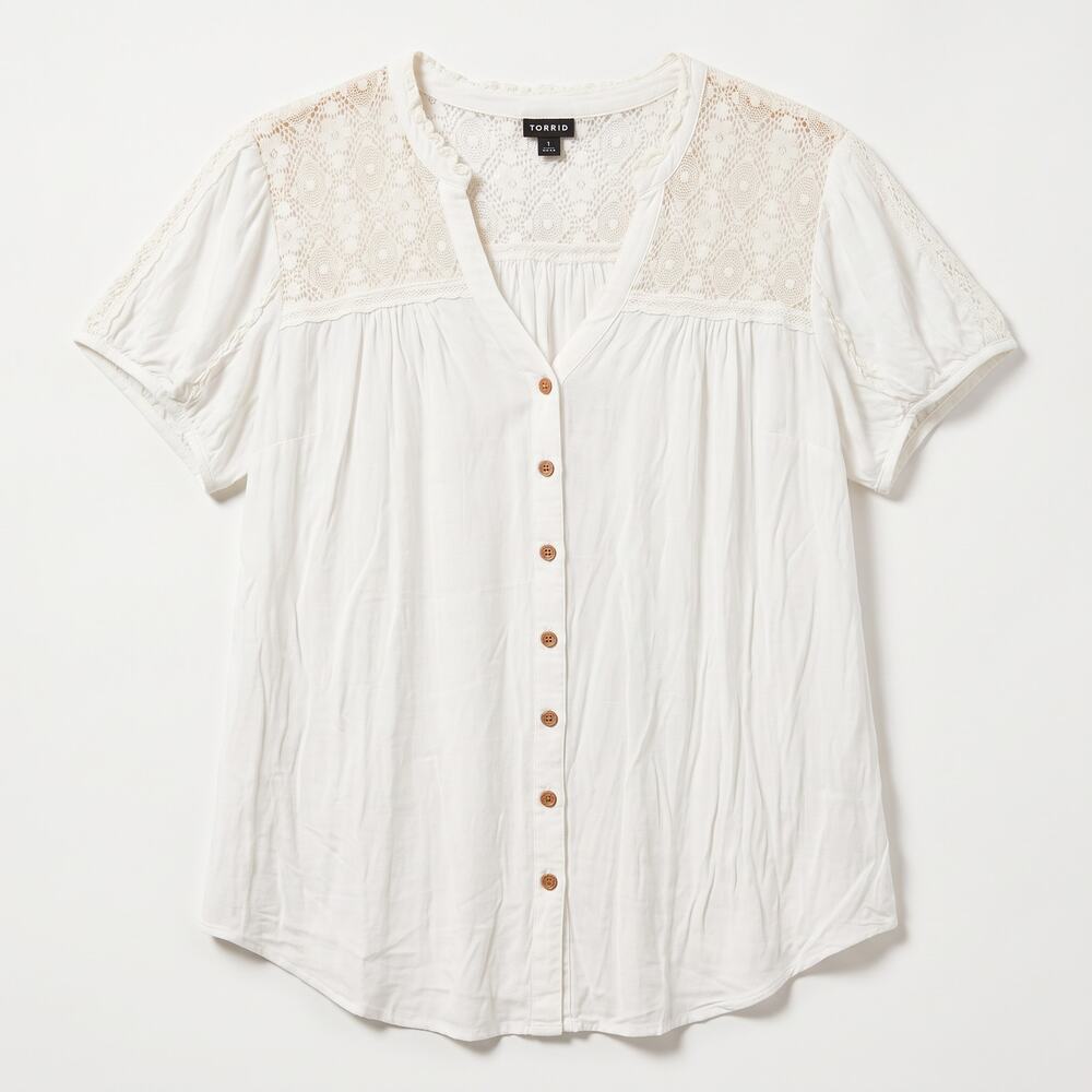 Torrid Womens 1X Boho Cottagecore Romantic Lace Yoke V-Neck Button-Front Top